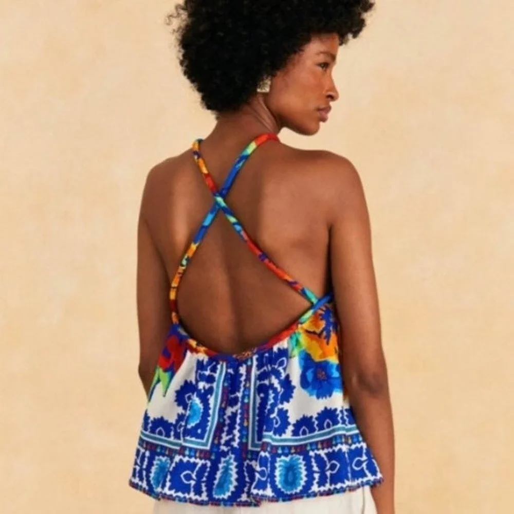 Farm Rio Tapestry Blue Red Mixed Floral Tile Print Halter Top Open Back | M - Picture 3 of 11